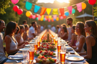 Table décorée pour anniversaire en plein air avec ballons et nourriture