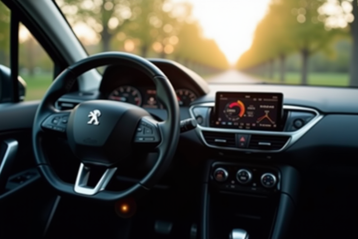 Détails du tableau de bord et du volant de la Peugeot 208