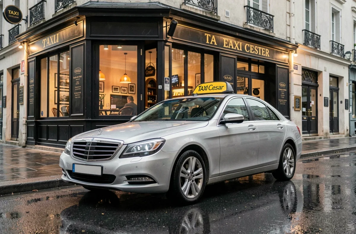 Taxi Cesar avec sa signalétique sur le toit garé devant une brasserie traditionnelle française dans le Nord-Pas-de-Calais
