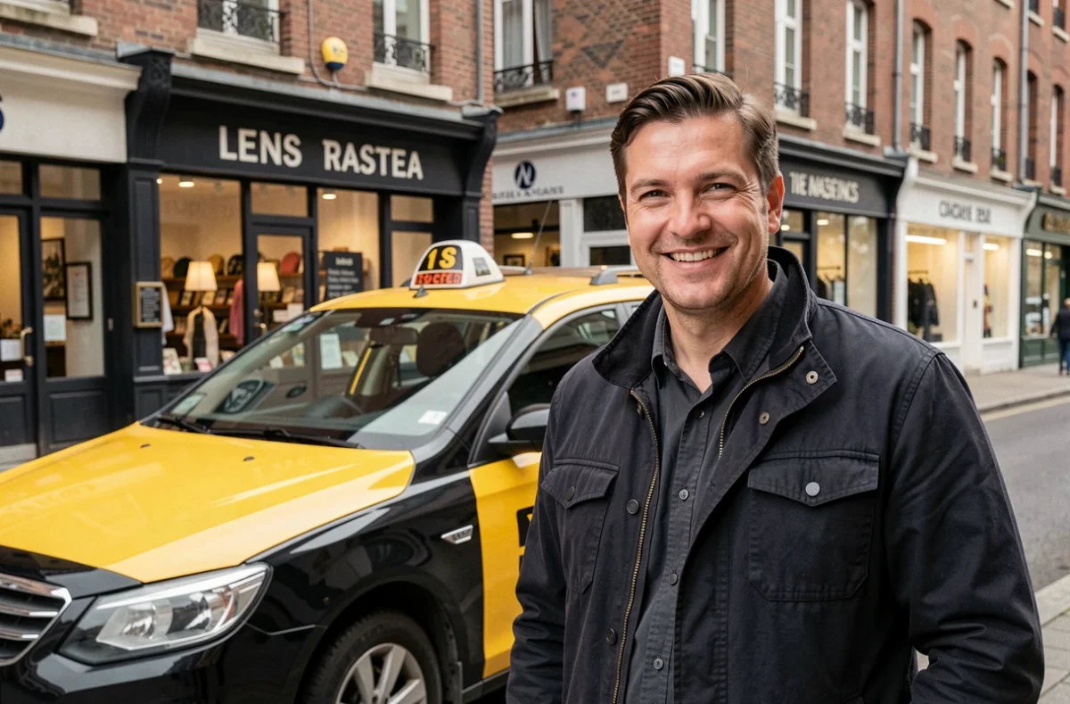 Chauffeur de Taxi Lens souriant devant son taxi jaune et noir sur une rue commerçante de Lens