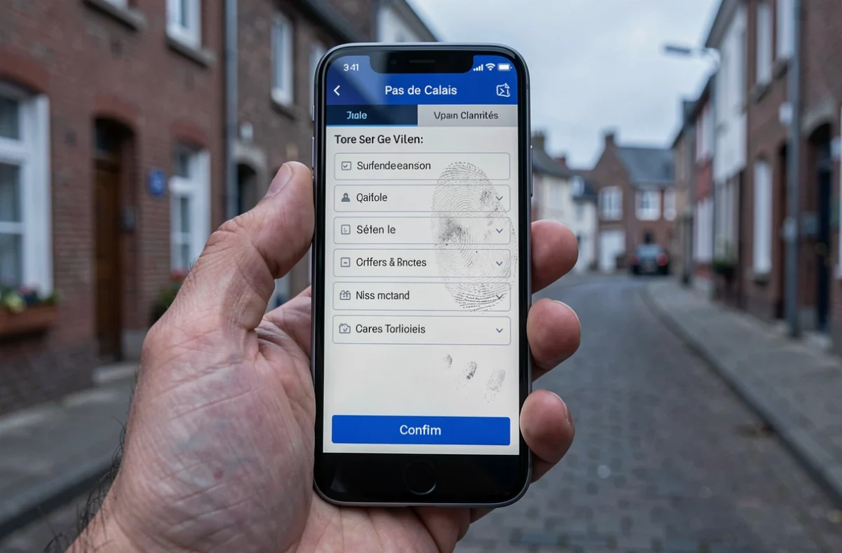Application mobile de réservation de taxi sur smartphone avec une rue du Pas-de-Calais en arrière-plan flou