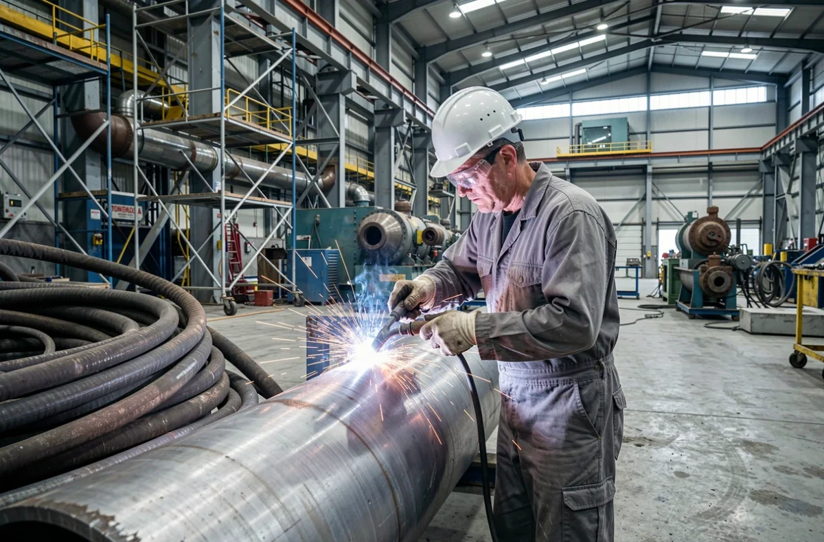 Technicien de TCSI LOBJOIS réalisant une soudure industrielle sur un tuyau en acier dans une installation industrielle