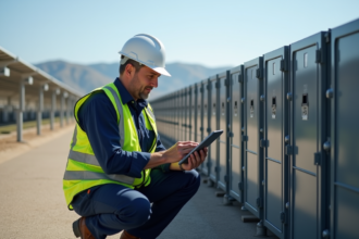 Technicien en extérieur vérifiant batteries solaires