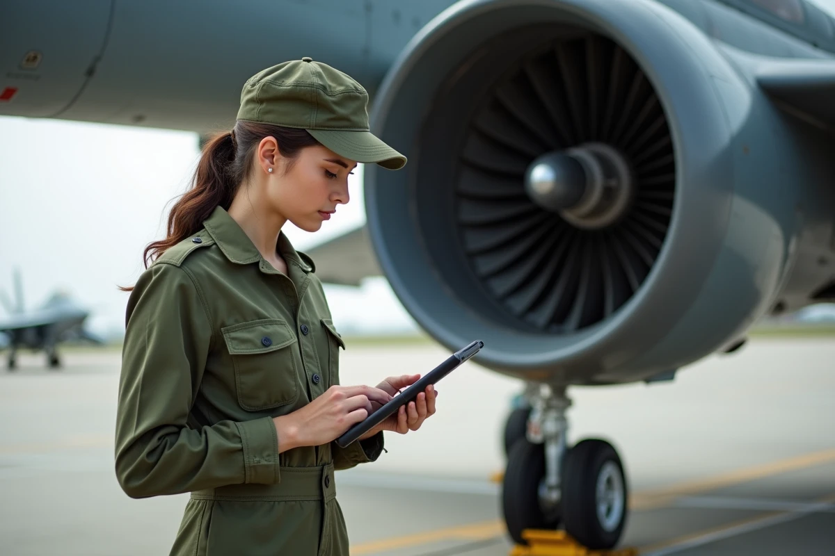 Technicienne militaire inspecte un moteur de jet en extérieur