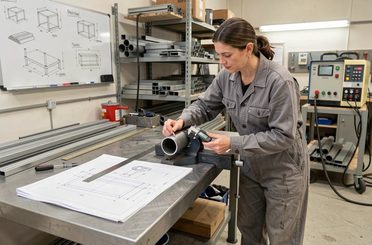 Technicienne mesurant et marquant des tubes pour la structure d'un franchassis
