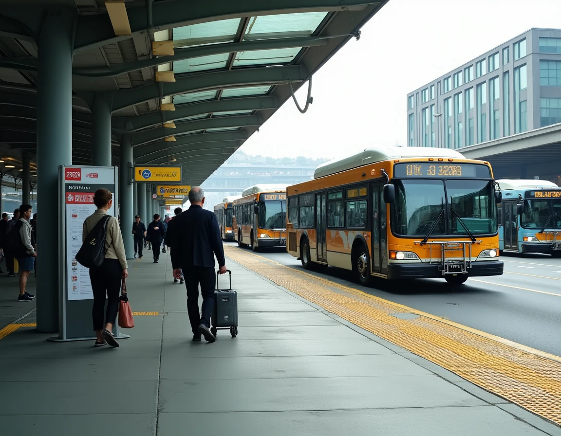 Terminus de bus animé avec le bus ligne 235 en arrière-plan et voyageurs consultant les horaires 2026 sur une borne d'information