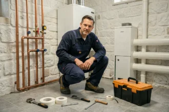 Plombier professionnel travaillant dans une salle de chauffage résidentielle dans l'Aisne, entouré de tuyaux en cuivre et d'outils de plomberie