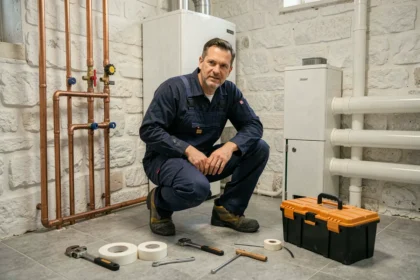 Plombier professionnel travaillant dans une salle de chauffage résidentielle dans l'Aisne, entouré de tuyaux en cuivre et d'outils de plomberie