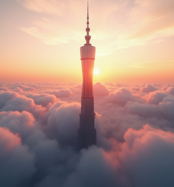 Tour Shanghai au lever du soleil vue du ciel avec détails atmosphériques