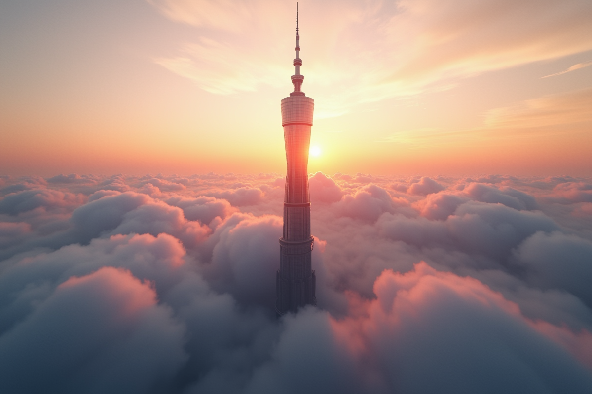 Tour Shanghai au lever du soleil vue du ciel avec détails atmosphériques