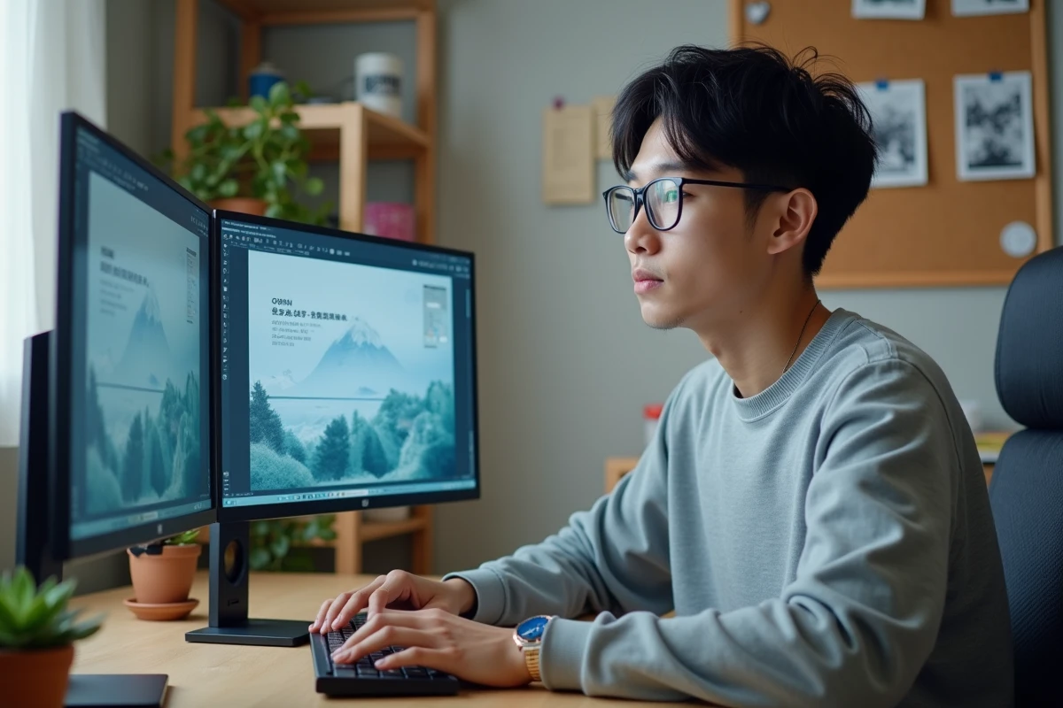 Traducteur amateur de scans yaoi travaillant sur une adaptation boy's love dans un bureau à domicile