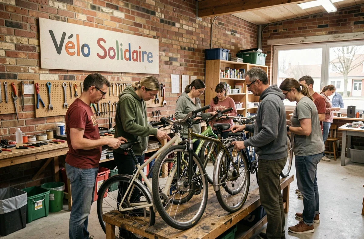 Atelier communautaire Vélo Solidaire à Cergy avec des bénévoles réparant des vélos électriques dans un espace associatif