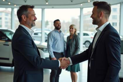 Vendeur automobile professionnel serre la main d'un couple dans un showroom moderne