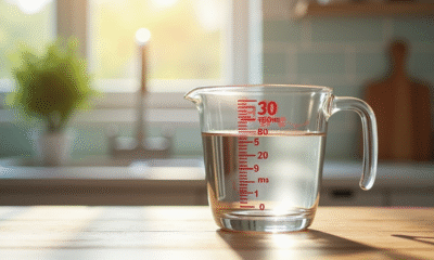 Verre mesureur de cuisine rempli à 150 ml en lumière naturelle