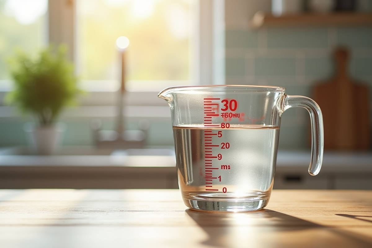 Verre mesureur de cuisine rempli à 150 ml en lumière naturelle