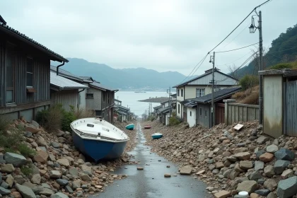 Vue aérienne d'une ville côtière japonaise dévastée par le tsunami de Tohoku 2026, avec débris, bateaux renversés et bâtiments effondrés près du littoral