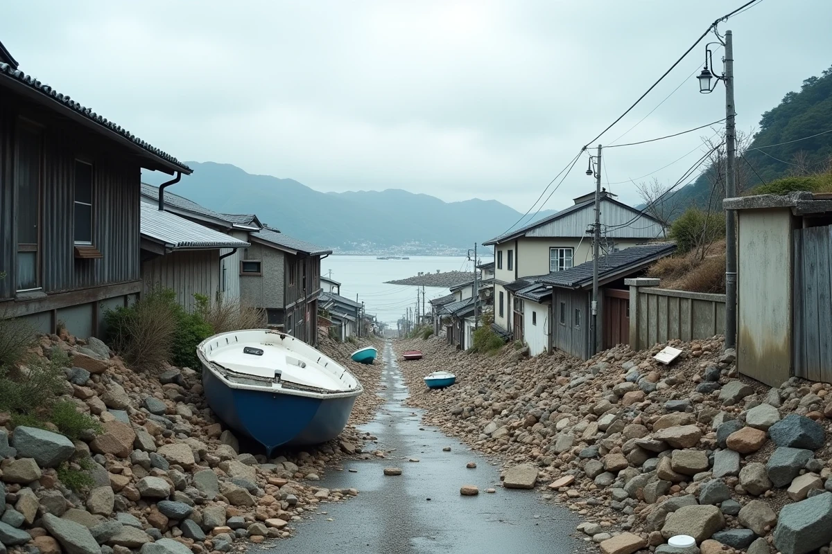 Vue aérienne d'une ville côtière japonaise dévastée par le tsunami de Tohoku 2026, avec débris, bateaux renversés et bâtiments effondrés près du littoral