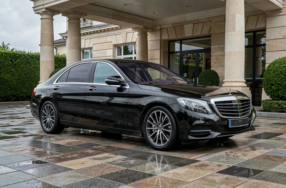 Berline noire de luxe VTC Prestige Premium garée sous le porche d'entrée d'un hôtel quatre étoiles dans le Pas-de-Calais